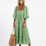 Céline | Sukienka midi w wzór, z rękawami trzyczwartowymi i dekoltem w kształcie V