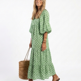 Céline | Sukienka midi w wzór, z rękawami trzyczwartowymi i dekoltem w kształcie V