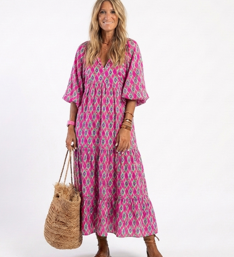 Céline | Sukienka midi w wzór, z rękawami trzyczwartowymi i dekoltem w kształcie V