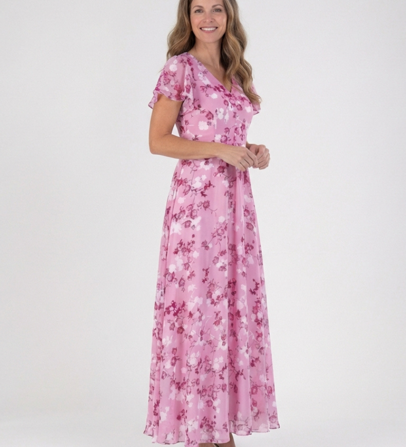 Noémie | Sukienka Maxi z Kwiatowego Chiffonu