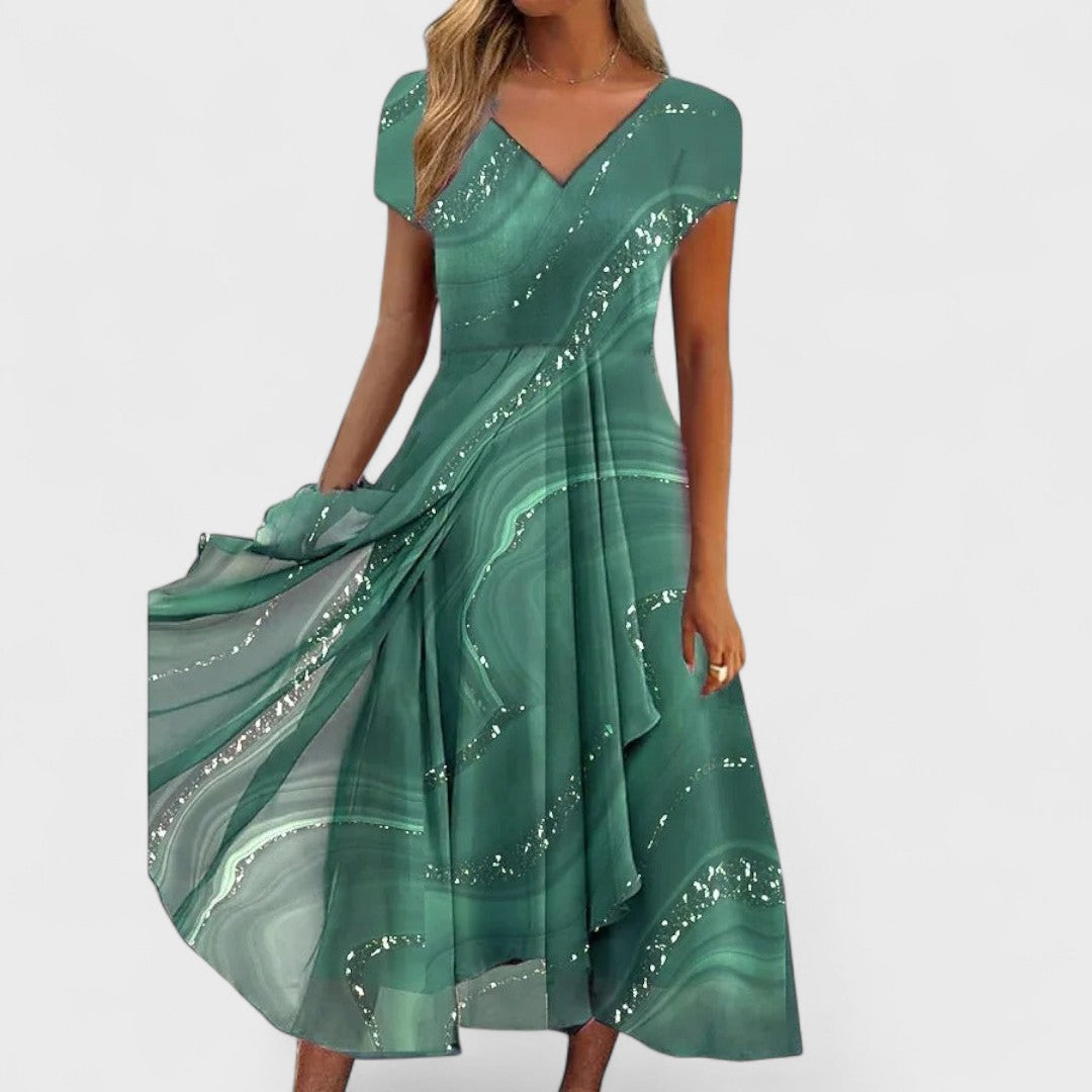 Isha – Elegancka sukienka midi z dekoltem w serek